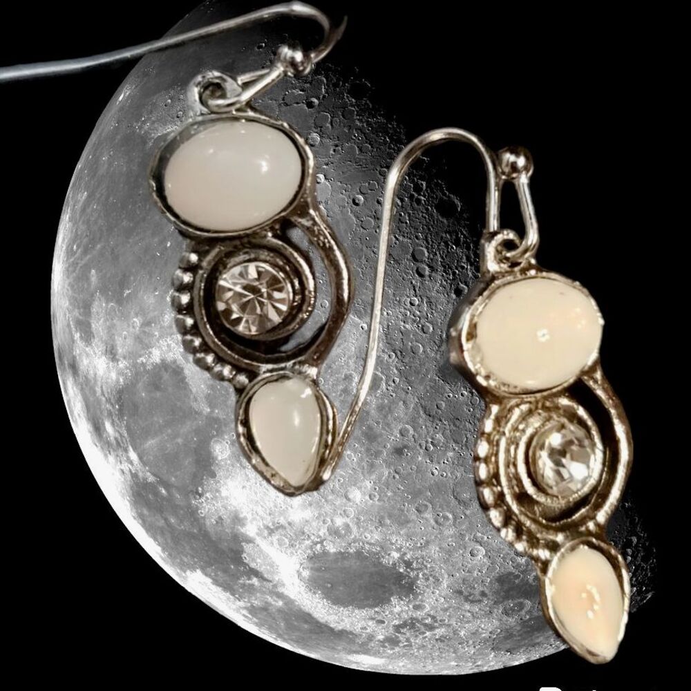 Antique Silver MOONSTONE Rhinestone  Dangle Earrings